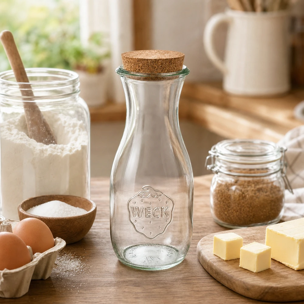 530ml juiceflaska WECK RR60 med kork naturell WECK juiceflaska 530ml med kork i mysigt kök bredvid bakingredienser mjöl ägg smör på träbord