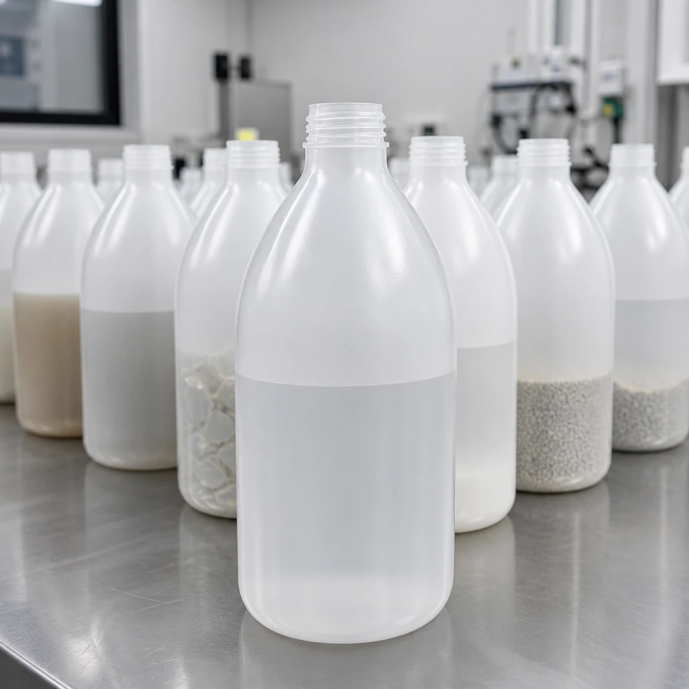 1000ml laboratorieflaska med smal hals utan lock Ett parti vita 1000 ml laboratorieflaskor med smal hals utan lock på ett laboratoriebord i rostfritt stål