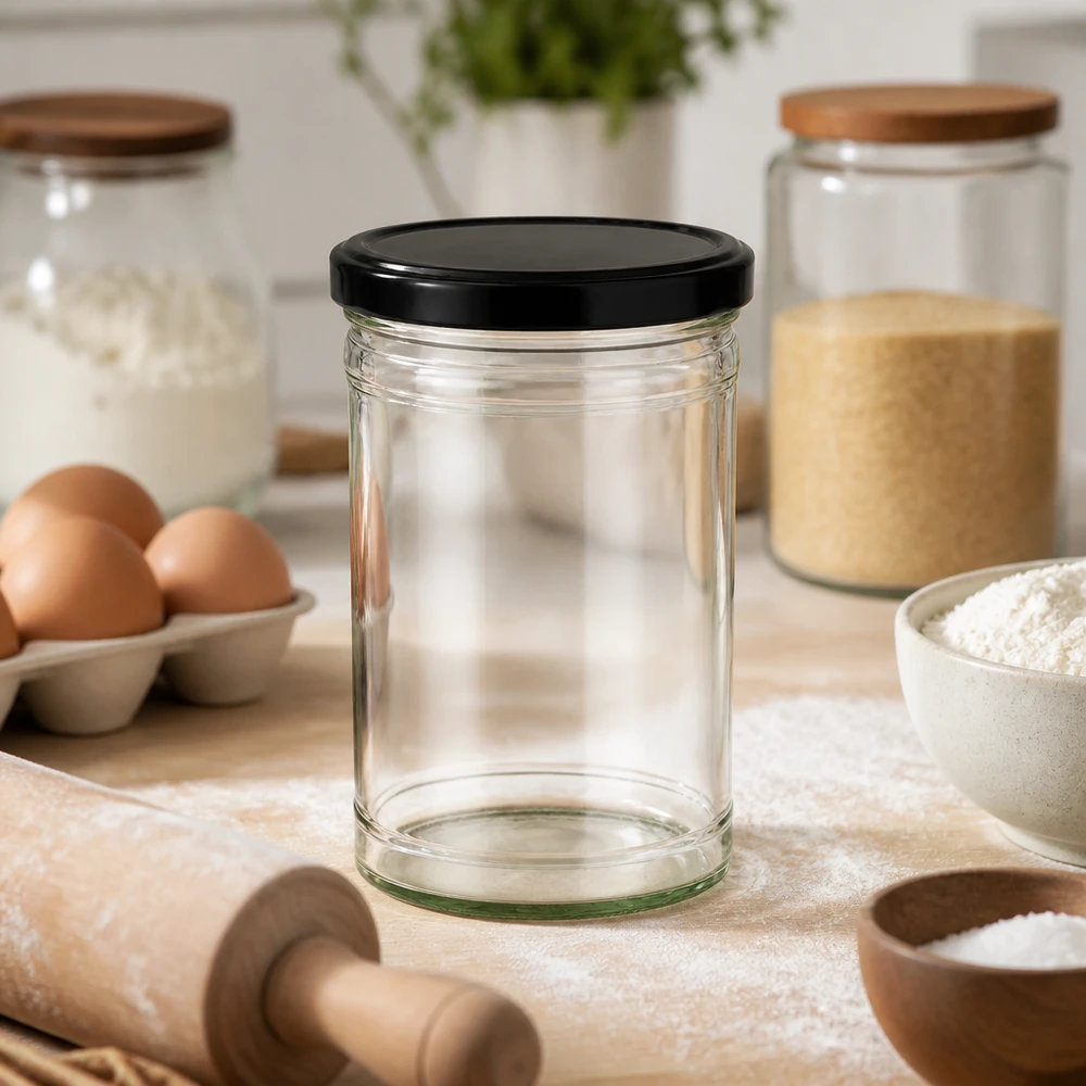 Tomma 1053ml muggar med svart lock i kök med ägg mjöl kavel för bakning och matlagning