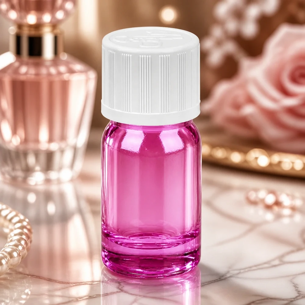 Violett glasflaska 5 ml med standardgänga för professionell aromaterapi och parfymtillverkning