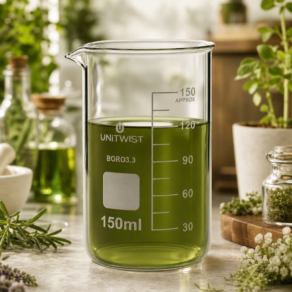 UNITWIST bägarglas 150 ml, hög form, borosilikatglas med grön örtvätska omgiven av färska växter