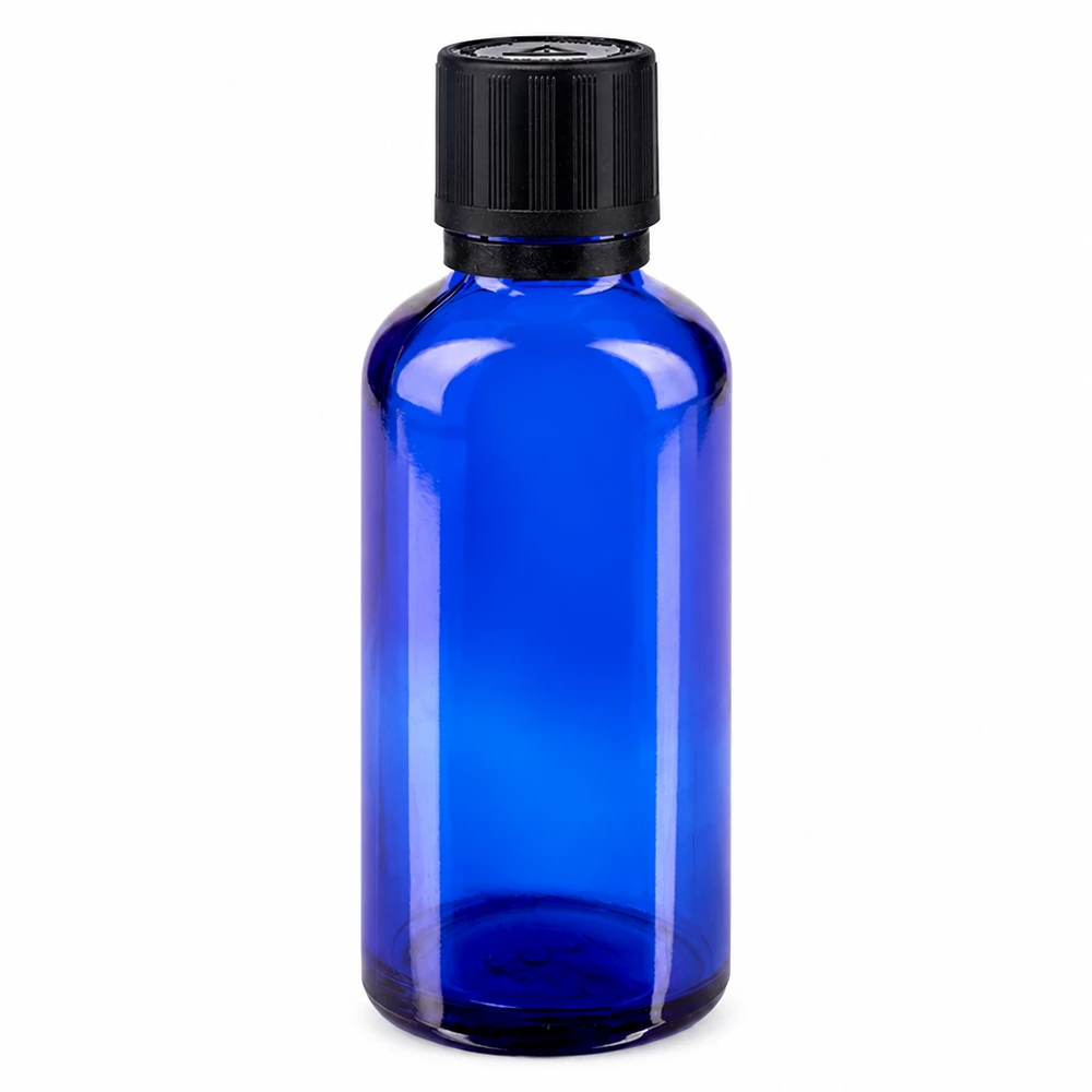 Apoteksflaska blå 50ml dropplock hällring 1mm svart barnsäkerhetslås blind varningssymbol manipuleringssäker förslutning 50 ml blått apotekerglas med svart barnsäker originalförslutning och 1 mm droppinsats