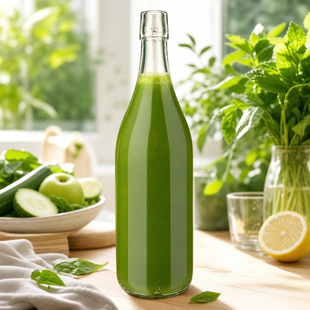 1000ml glasflaska utan svängbar topp UNiTWIST Glasflaska 1000 ml UNiTWIST fylld med grön smoothie färska grönsaker frukt köksscen hälsosam näring