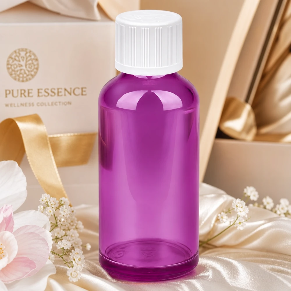 50 ml flaska 11mm skruvkork vit standard barnsäker PurpleLine UT18/50 Elegant 50 ml violett flaska med barnsäkert lock, perfekt för Pure Essence hälsoprodukter