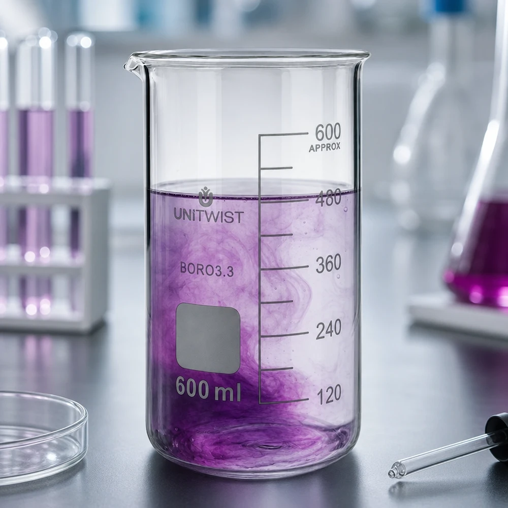 600 ml begerglas, hög modell UNITWIST, med violett vätska och synlig diffusionseffekt