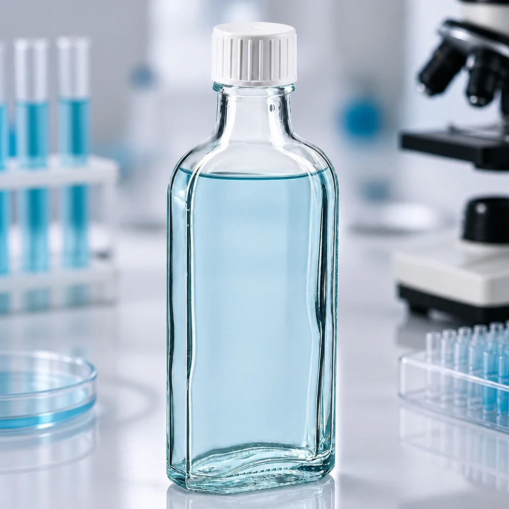 100 ml Meplat genomskinlig skruvkork med hällring Platt 100 ml Meplat-glasflaska med vitt skruvlock och hällring i laboratoriemiljö