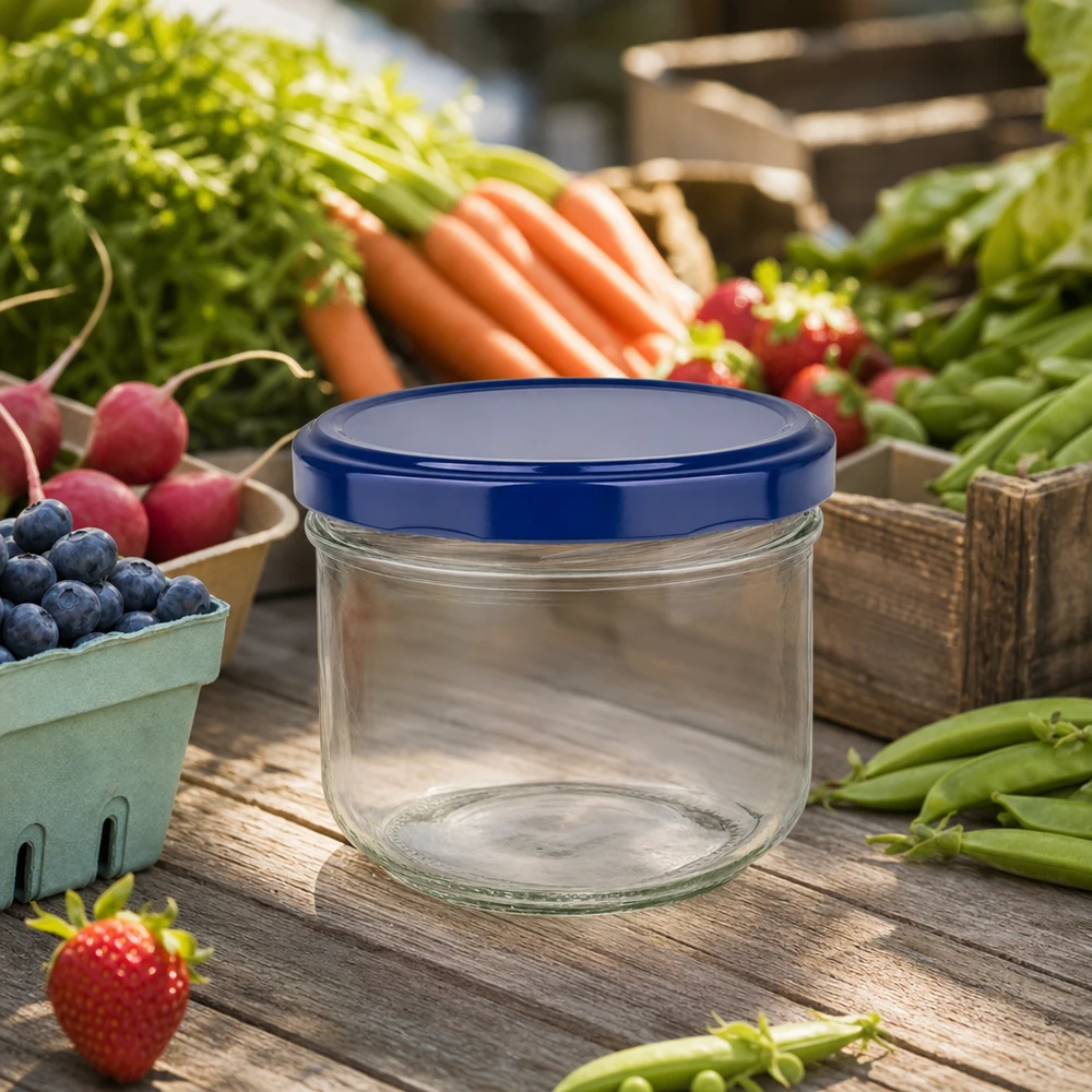 260ml Krossade glasögon + BasicSeal lock blå UNiTWIST 260ml Sturzglas BasicSeal blau leer auf Holztisch mit frischem Obst und Gemüse - perfekt für Marmelade und Konserven
