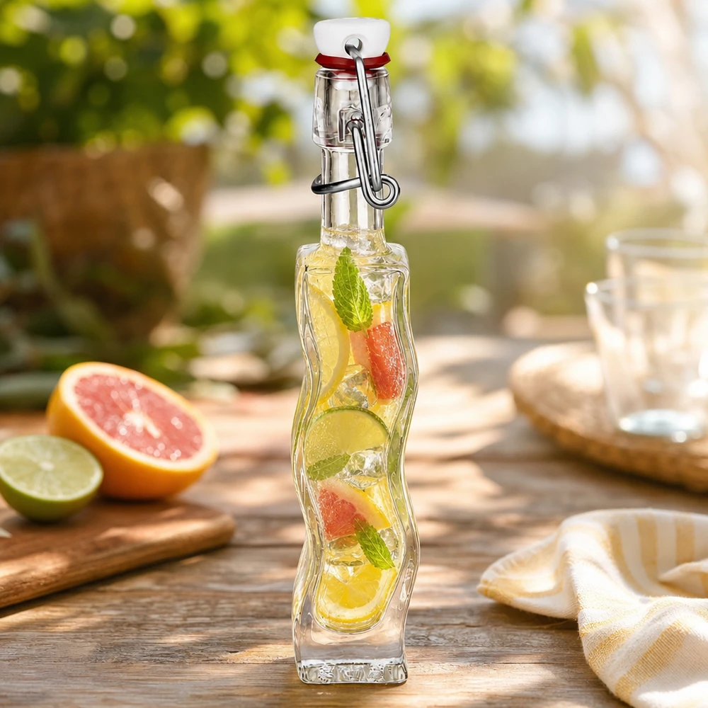 40 ml glasflaska Anna fylld med citrusjuice på träbord med grapefrukt, lime och mynta utomhus