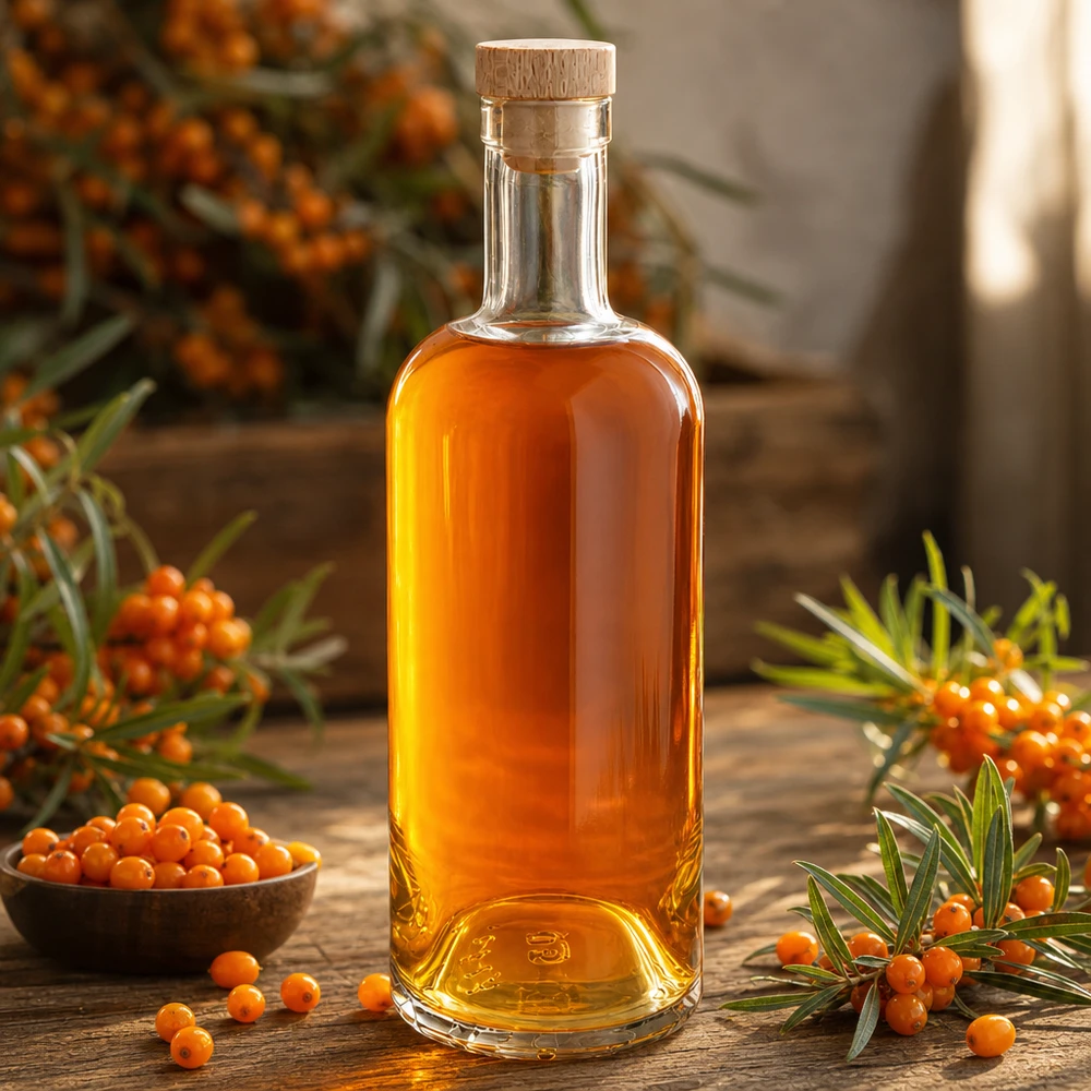 750 ml glasflaska Emma med träkork fylld med orange havtornsolja omgiven av havtornsbär och kvistar