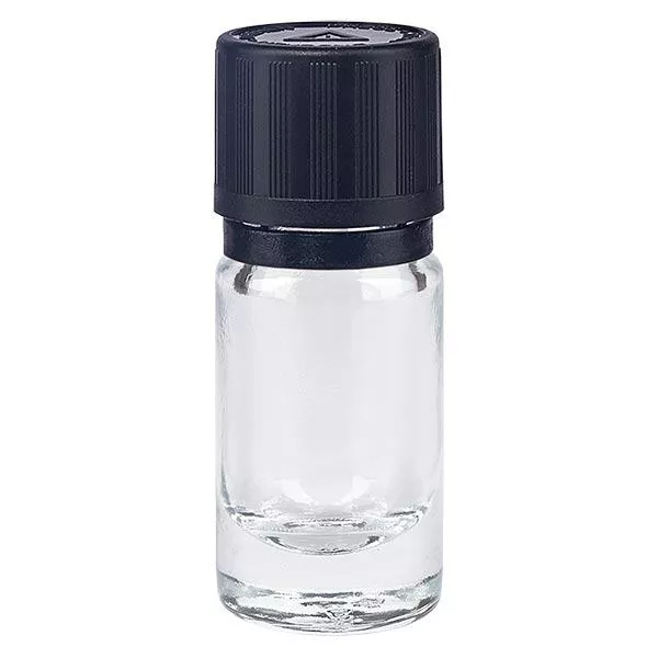 Apoteksflaska klar 5ml dropplock Hällring 1mm svart Barnsäkerhetslås Blind varningssymbol Tamper evident förslutning Apoteksflaska klar 5ml dropplock Hällring 1mm svart Barnsäkerhetslås Blind varningssymbol Tamper evident förslutning