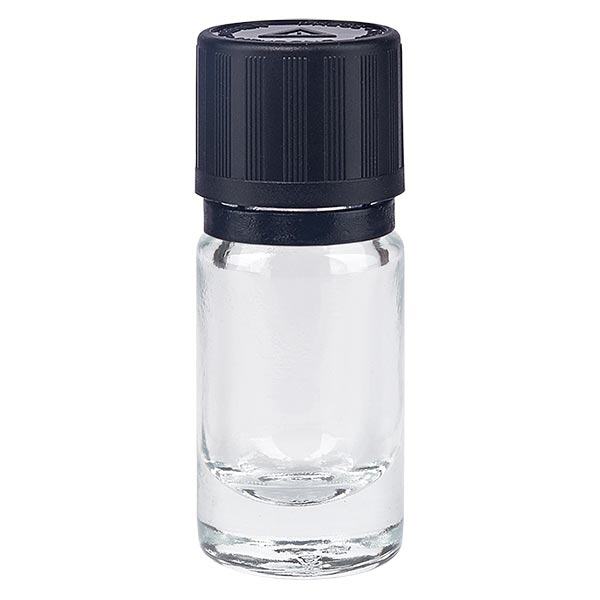 Apoteksflaska klar 5ml dropplock Hällring 1mm svart Barnsäkerhetslås Blind varningssymbol Tamper evident förslutning Apoteksflaska klar 5ml dropplock Hällring 1mm svart Barnsäkerhetslås Blind varningssymbol Tamper evident förslutning