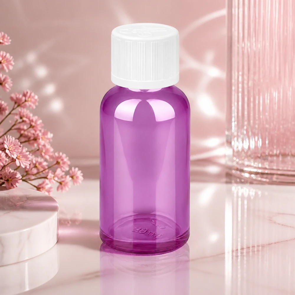 Kompakt 30 ml glasflaska i ljus violett med vitt skruvlock för mobila applikationer