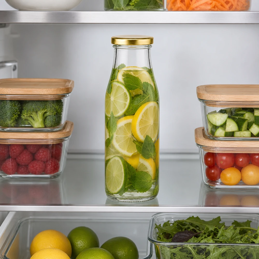 500 ml glasflaska + BasicSeal-lock guld UNiTWIST 500 ml glasflaska BasicSeal gold i kylen med citron- och myntadryck mellan burkar med frukt och grönsaker