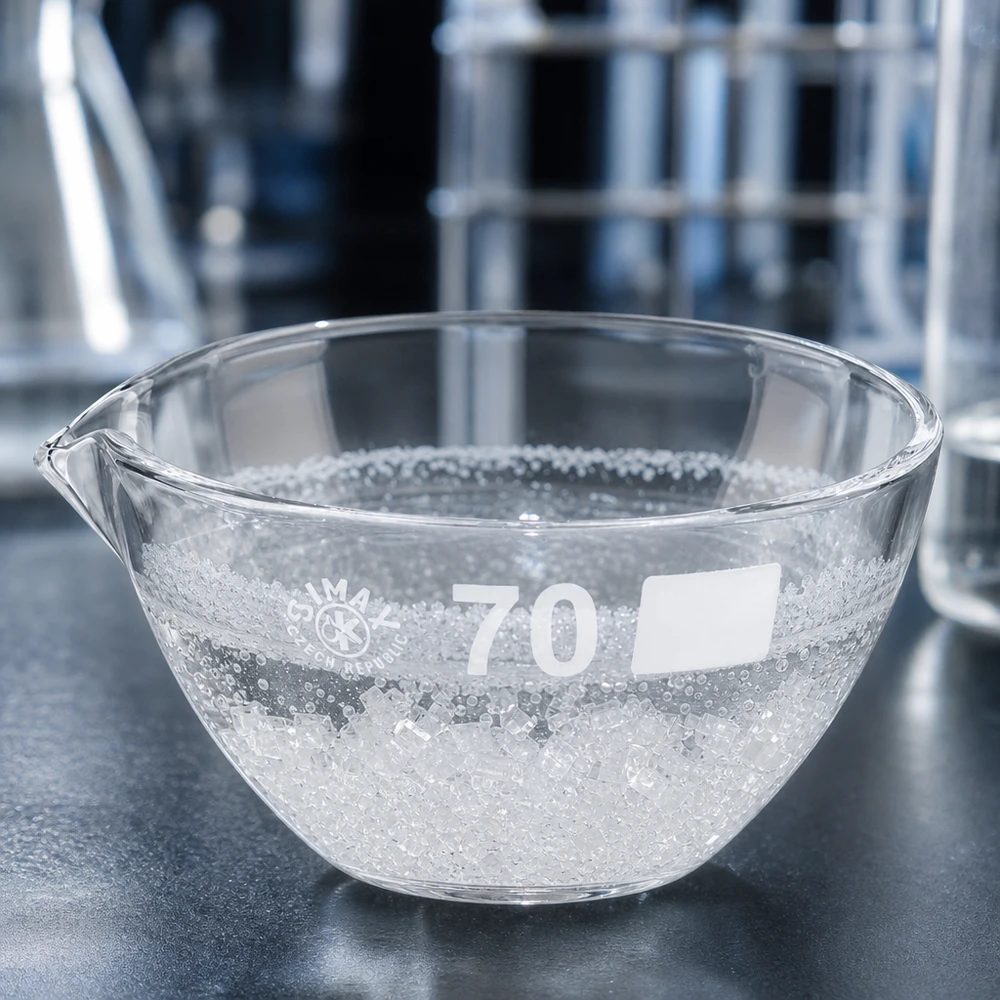 60ml indunstningsskål med pip av borosilikat ø70mm Rund indunstningsskål 60 ml med ø70 mm pip av värmebeständigt borosilikatglas för laboratoriebruk