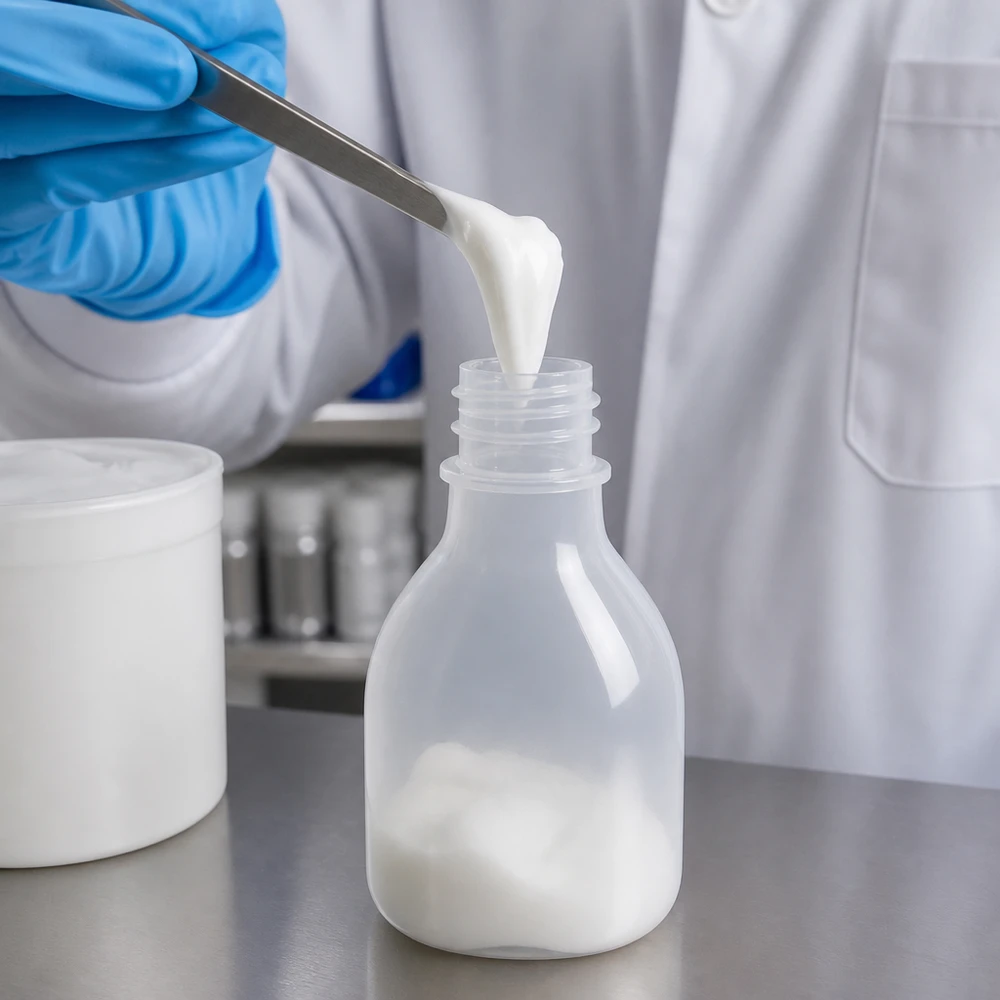 20ml laboratorieflaska med smal hals utan lock En genomskinlig 20 ml laboratorieflaska med smal hals, tillverkad av PE, fylls med vit kräm av tekniker