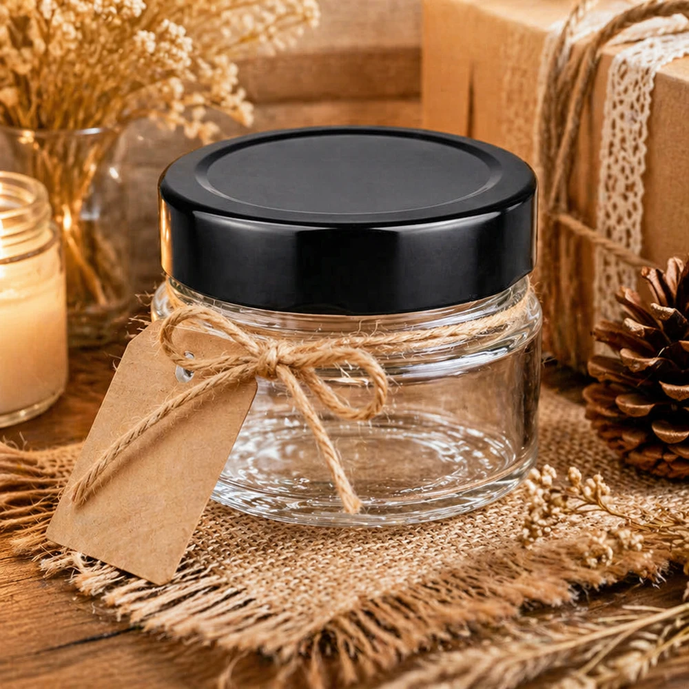 80ml rund glasburk svart transparent kosmetikburk dekorativt arrangerad med presentband naturlig dekoration BasicSeal