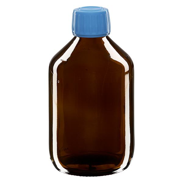 300 ml medicinflaska brun, blått lock med säkerhetsring ApoGlas 300 ml medicinflaska brun, blått lock med säkerhetsring ApoGlas