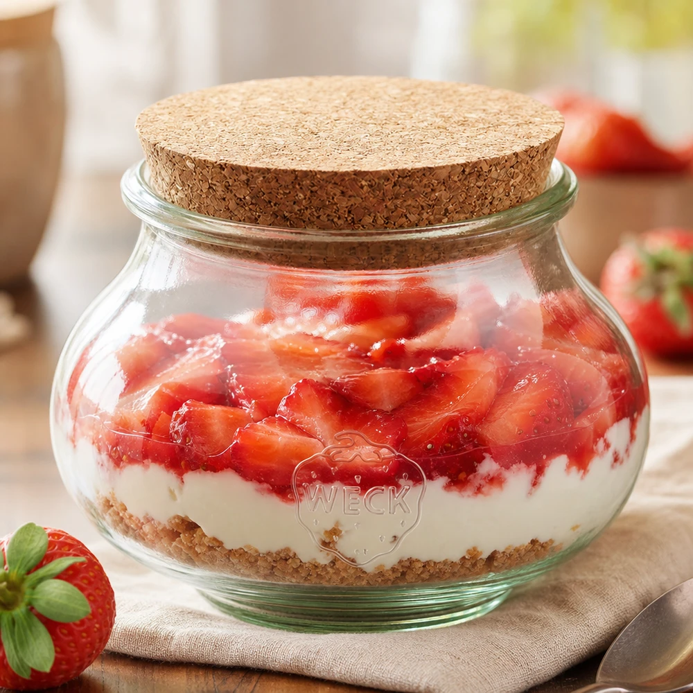 560ml smyckesburk WECK RR80 med naturkork WECK dekorativ burk 560ml RR80 med kork som dessertburk för jordgubbsyoghurt i lager efterrätt kökspresentation