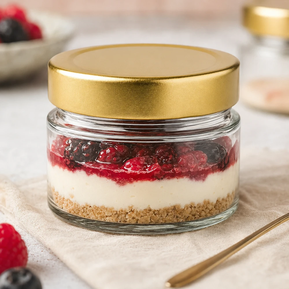 80 ml runt glas med BasicSeal-lock gulddjupt som dessertglas med cheesecake och bär i en elegant bordsdekoration