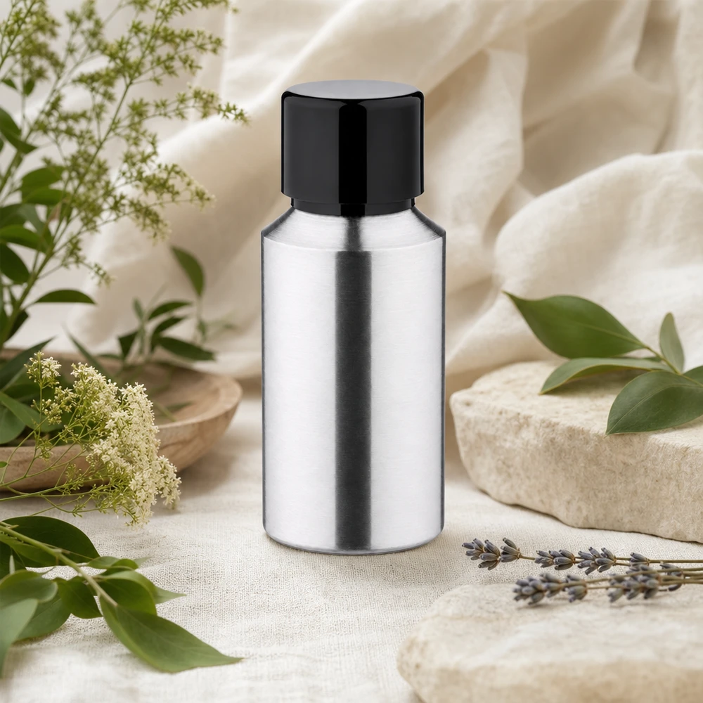 30ml polerad aluminiumflaska med skruvkork Högkvalitativ 30 ml aluminiumflaska med spegelblank yta och svart lock för premiumprodukter
