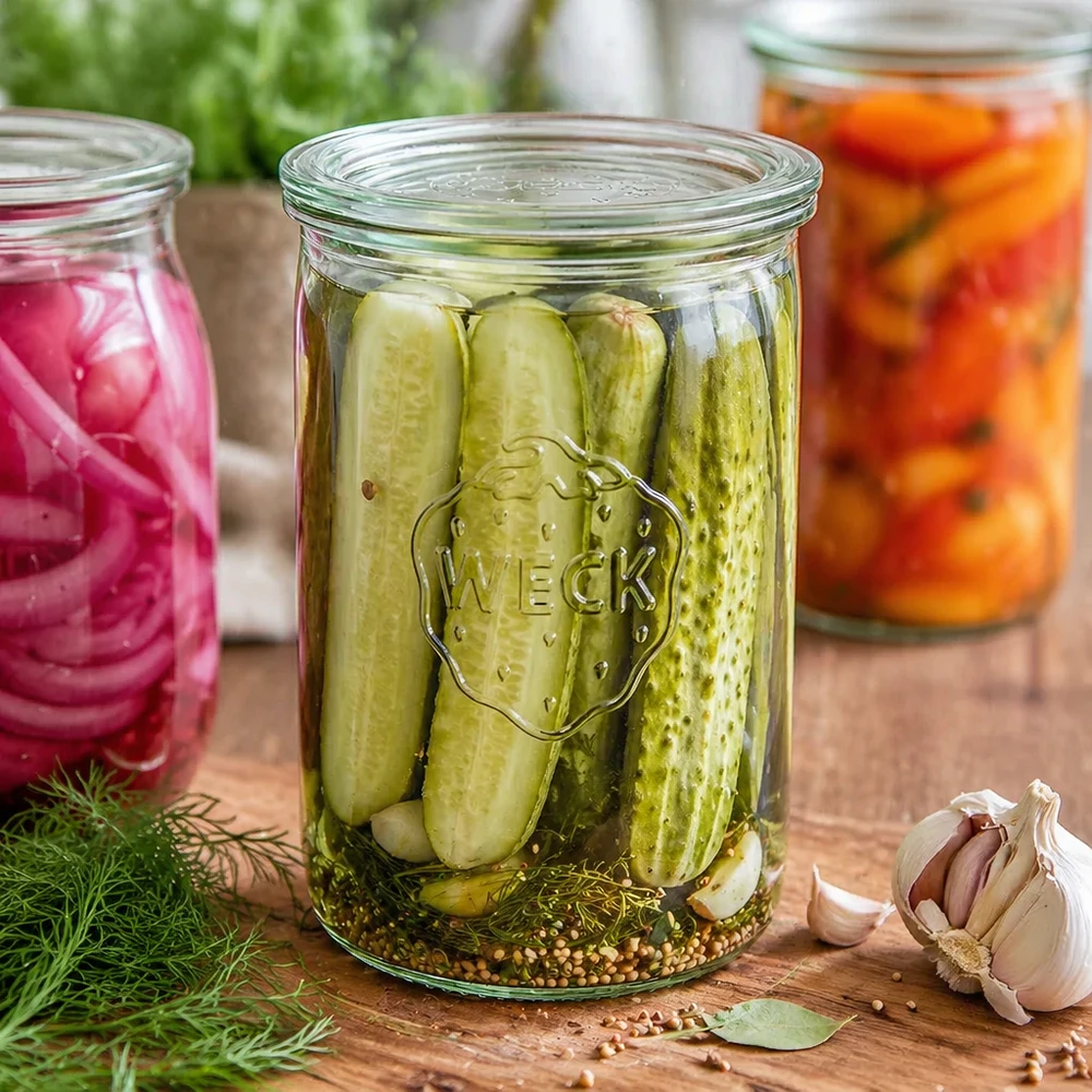 1000ml Krossade glasögon med glaslock WECK RR100 WECK 1000 ml RR100-glas fyllda med inlagda saltgurkor tillsammans med vitlök och dill för fermentering och inläggning