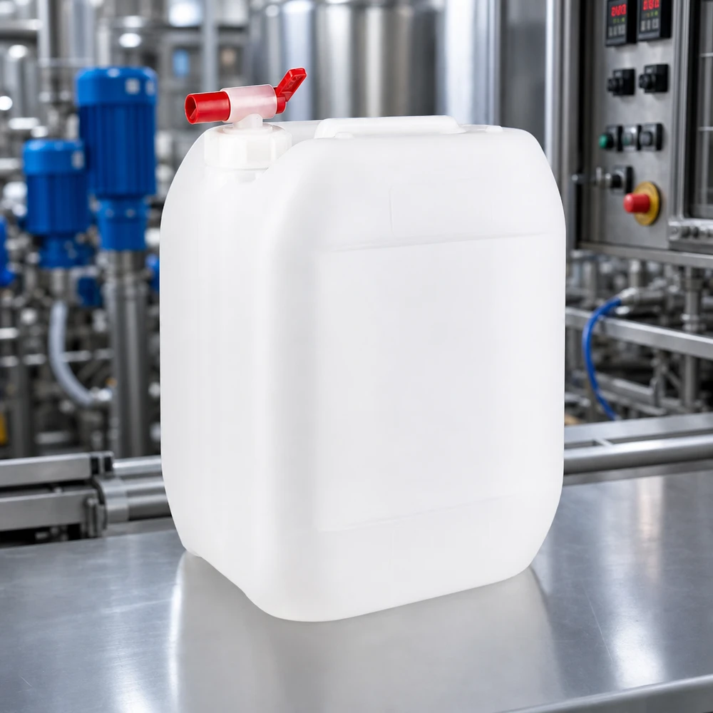 Dunk 10 liter med avtappningskran Genomskinlig industrikanister på 10 liter med röd avtappningskran framför en anläggning för bearbetning av rostfritt stål
