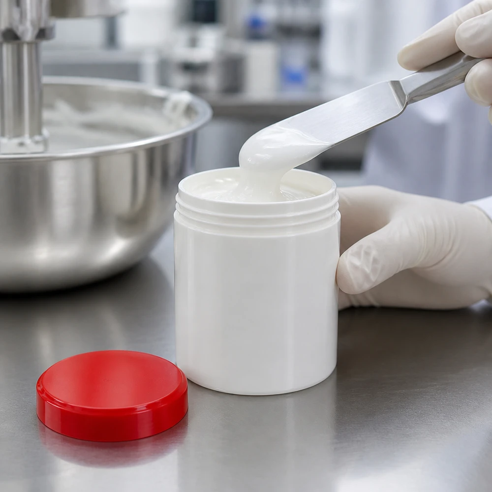 Fyllning enligt farmaceutiska krav av en 10 g vit salvorburk med rött PP-lock i laboratoriet