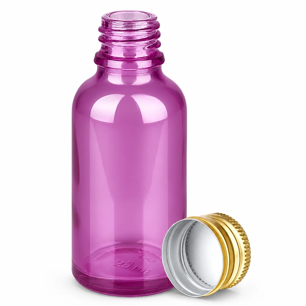 30ml flaska 11mm skruvkork aluminium guld standard PurpleLine. UT18/30 30 ml droppflaska i violett glas med 11 mm gänga och guldlock i aluminium för eteriska oljor