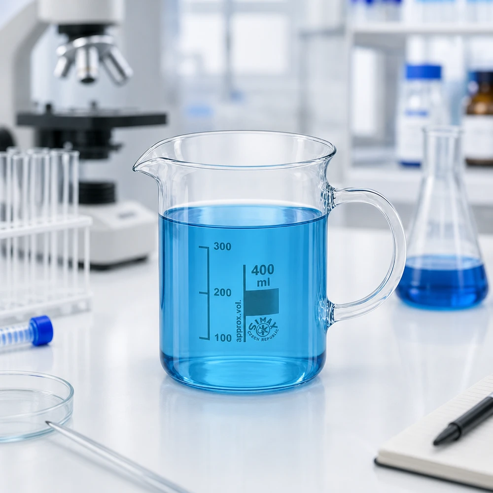 Bägare 400 ml borosilikatglas, med handtag Klar bägare, 400 ml, med handtag, tillverkad av högkvalitativt borosilikatglas för laboratoriebruk