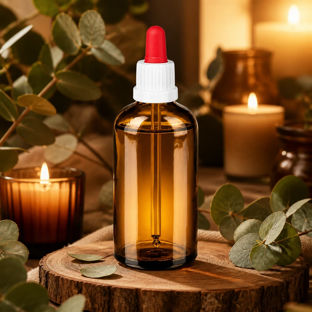 100 ml pipettflaska vit/röd med säkerhetsförslutning BrownLine UT18/100 100 ml pipettflaska av högkvalitativt bärnstensfärgat glas med dropplock för eteriska oljor