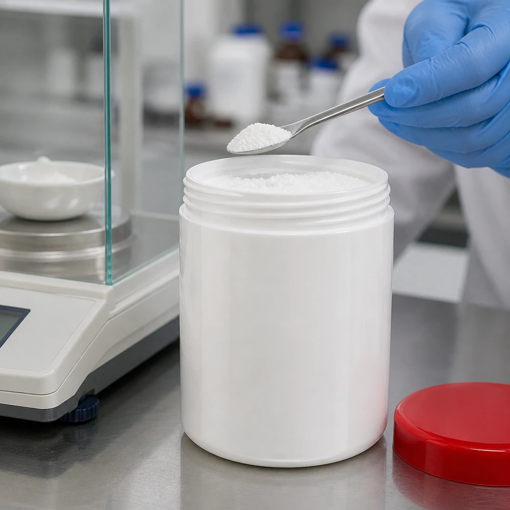 Salvburk 20g vit med rött skruvlock (polypropylen) Laboratorieteknikern fyller en vit PP-salvburk på 20 g med rött skruvlock på analysvågen