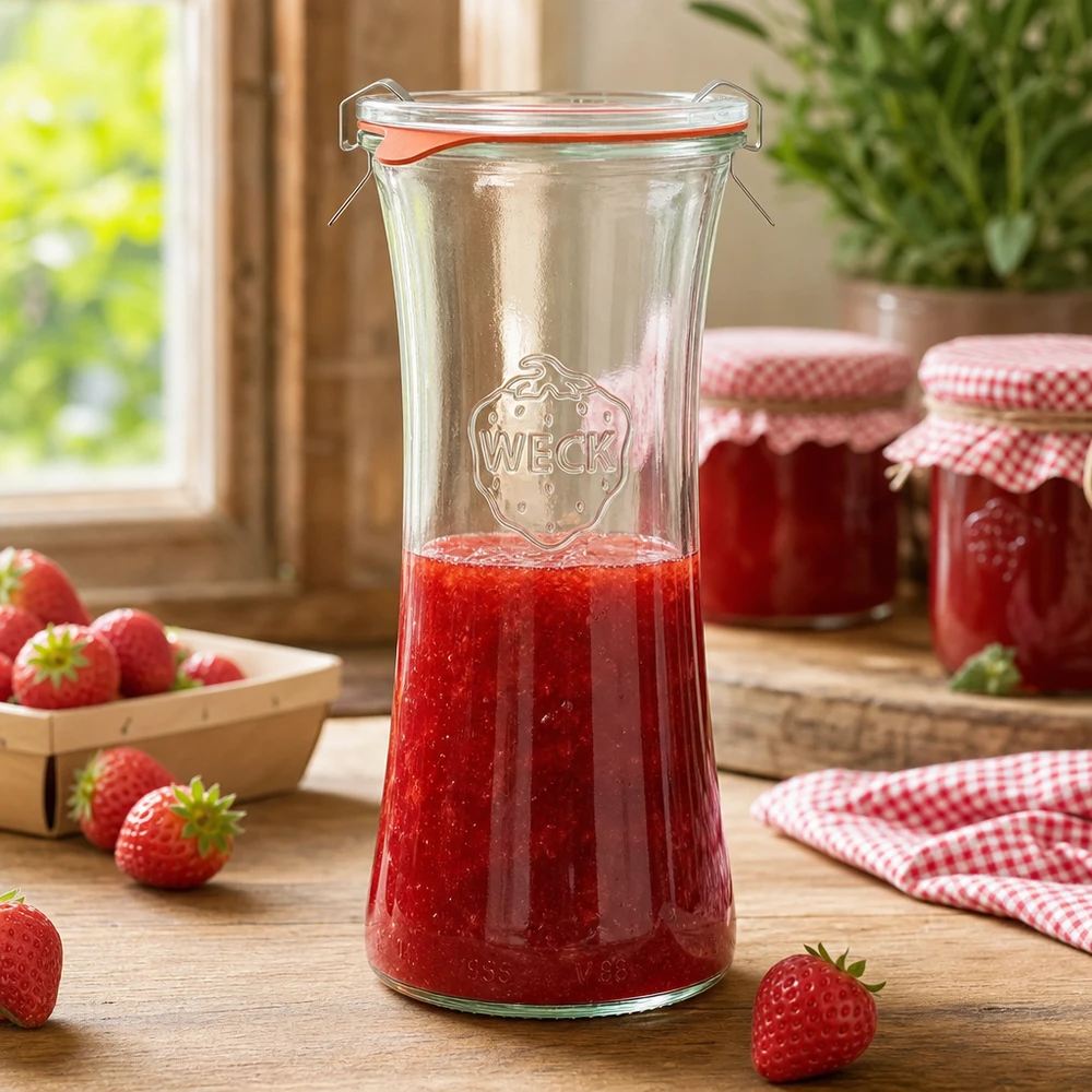 700ml delikatessburk komplett WECK RR80 WECK RR80 700 ml delikatessburk fylld med jordgubbssylt, konserveringsburk med svängbar topp i köksscen