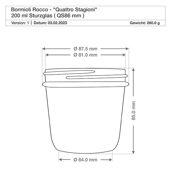 200 ml "Quattro Stagioni" Krossade glasögon med lock 200 ml Quattro Stagioni tumlare med lock mått 87,5 mm diameter 85 mm höjd teknisk ritning Bormioli Rocco