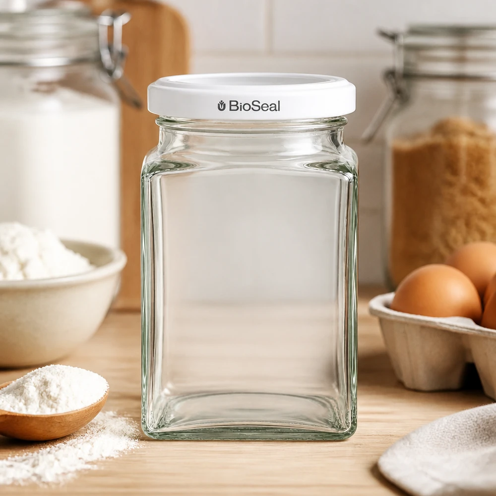 260 ml tetraburk + BioSeal-lock vit UNiTWIST UNiTWIST Tetra260 Glasdose leer auf Holzbrett Küche Backzutaten Eier Mehl weißer TO58 BioSeal Deckel Backen