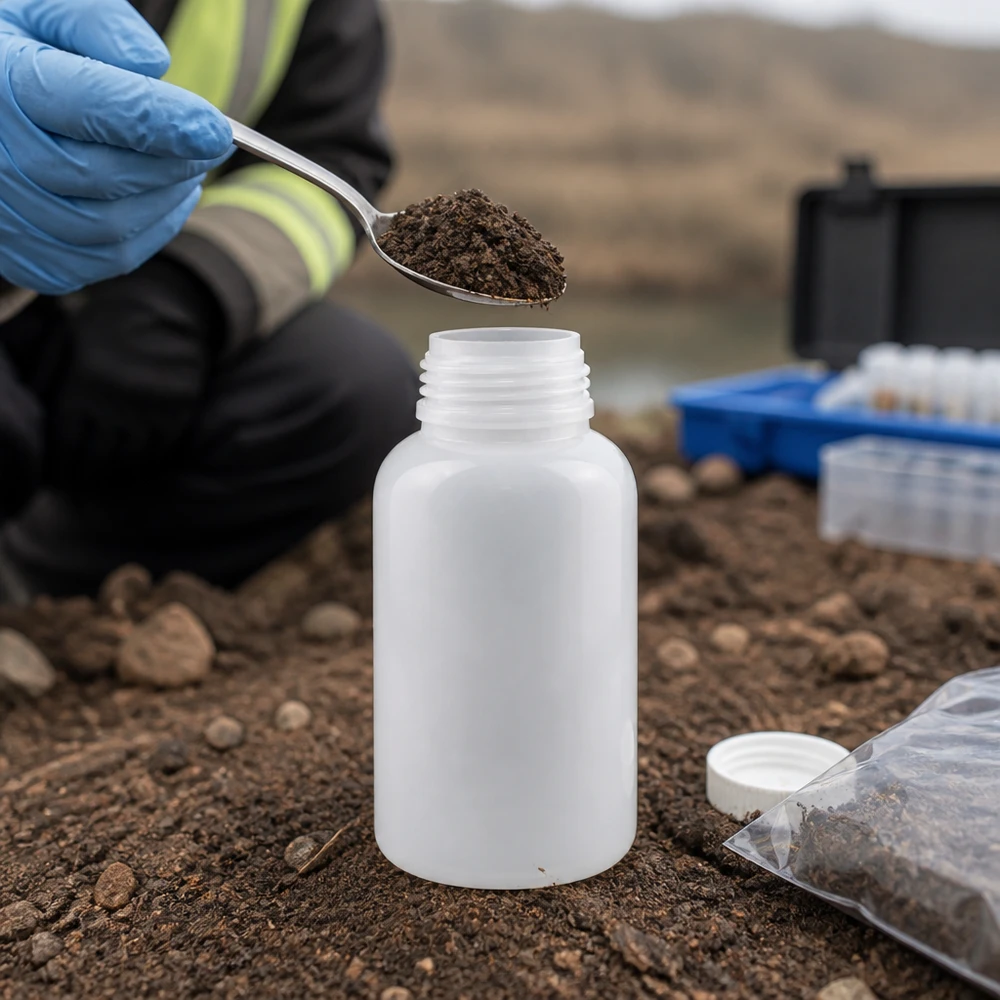 500ml laboratorieflaska med bred hals utan lock Provtagning i fält med en 500 ml laboratorieflaska med vid hals vid tappning av jordprover utomhus