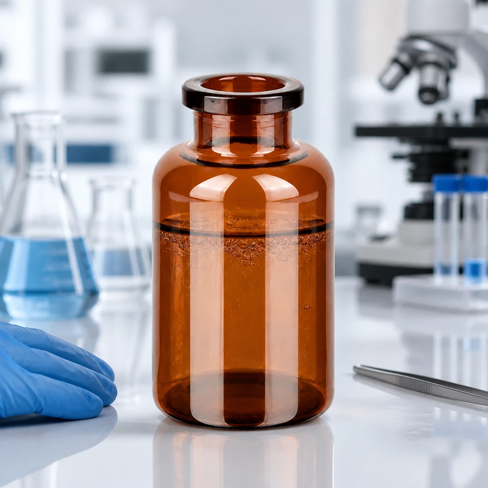 Injektionsflaska av bärnstensfärgat glas 20ml Lichtschützende Braunglas Injektionsflasche 20ml neben Mikroskop und Laborhandschuhen