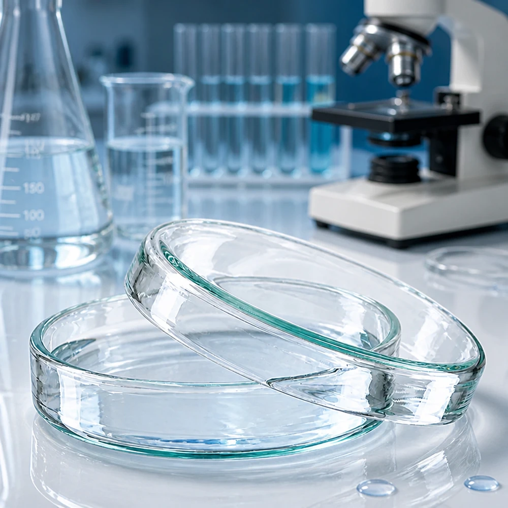 Runda petriskålar av glas, 60 x 15 mm, platt utformning för cellodlingar och mikrobiologiska analyser