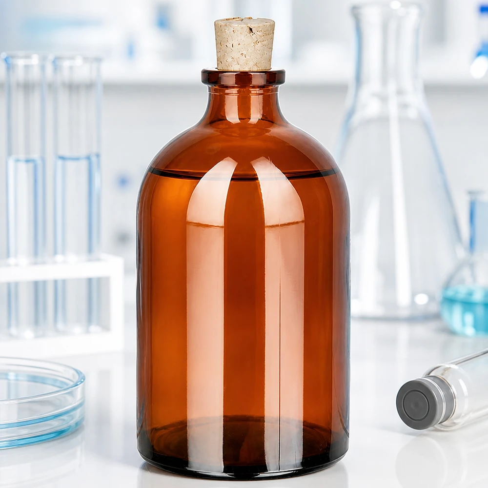 Bärnstensfärgad glasflaska 100ml med kork 11/14mm Lagerflasche Braunglas schmal 100ml mit Naturkorken zum Verschließen