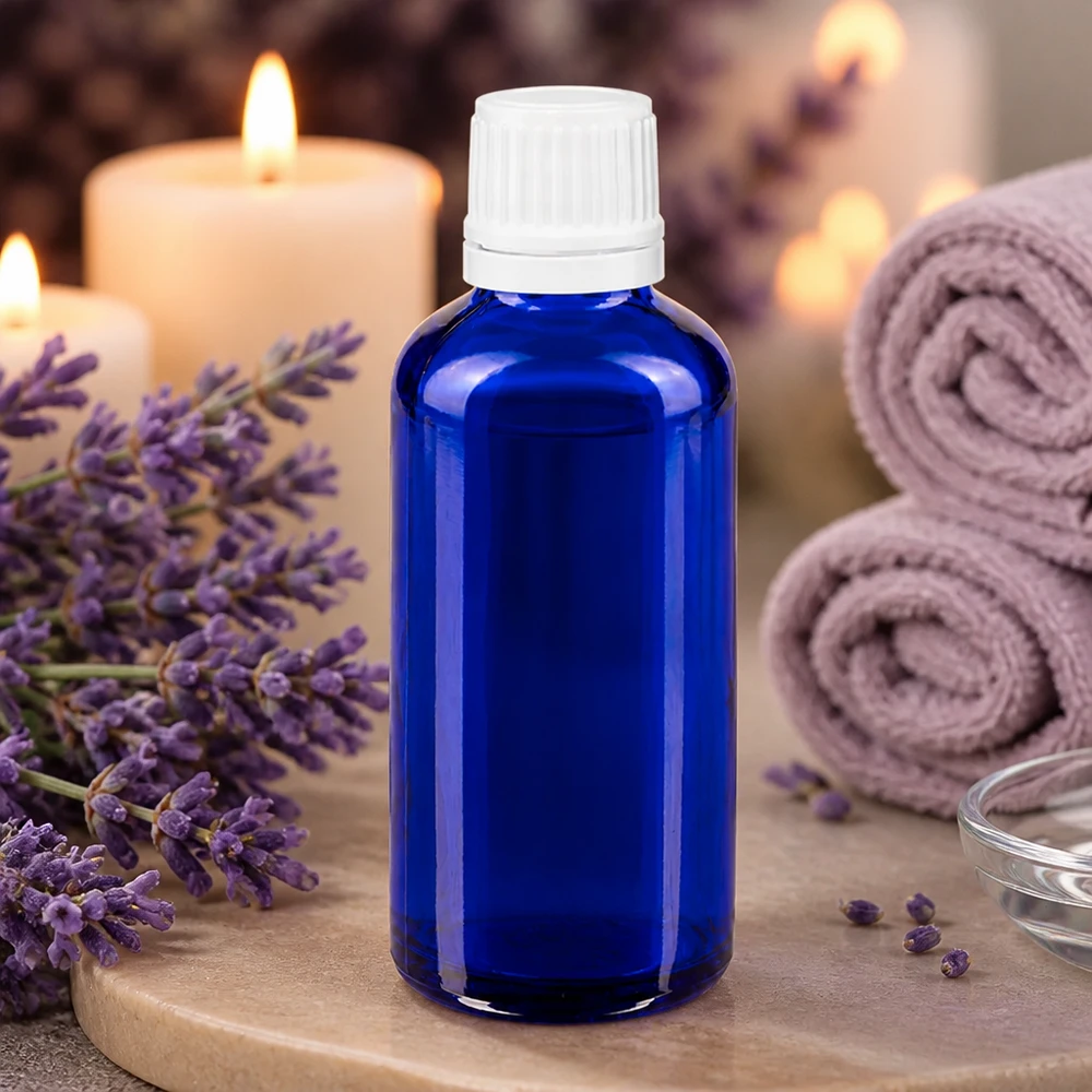 Blå glasflaska på 50 ml med vit droppkork, omgiven av lavendelblommor och ljus