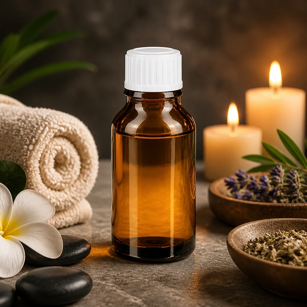 Flaska med eterisk olja, 15 ml, i bärnstensfärgat glas med vit pipett – Spa- och wellness-atmosfär