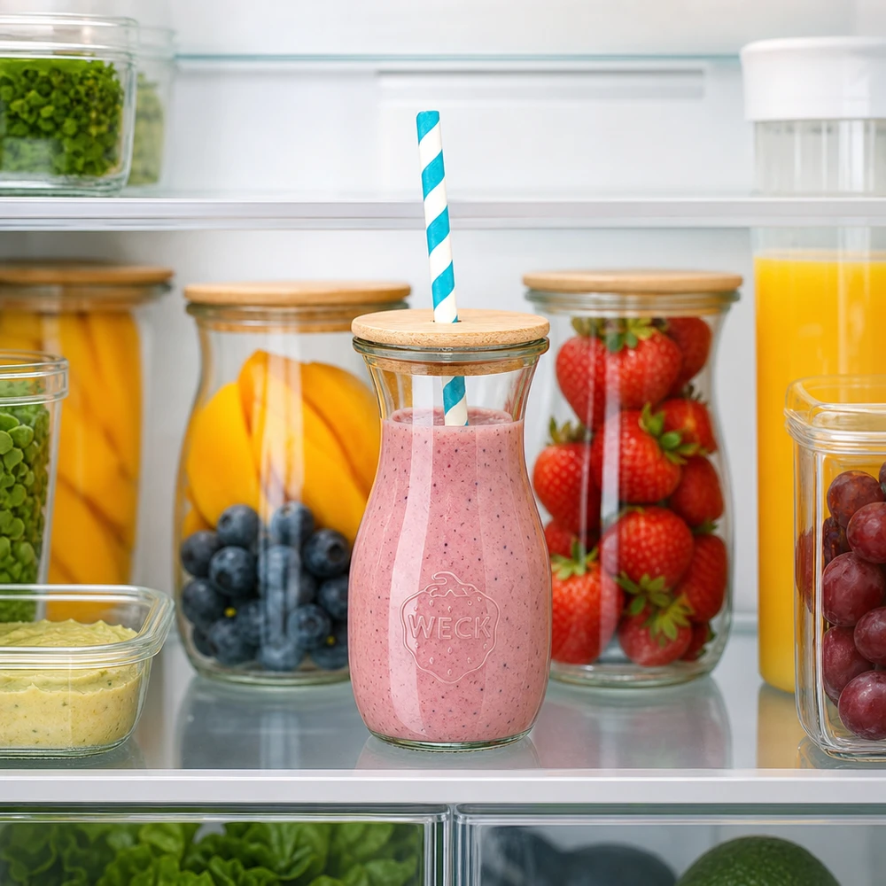 WECK juiceflaska 290ml med jordgubbssmoothie i kylskåpet mellan färska frukter trälock papperssugrör