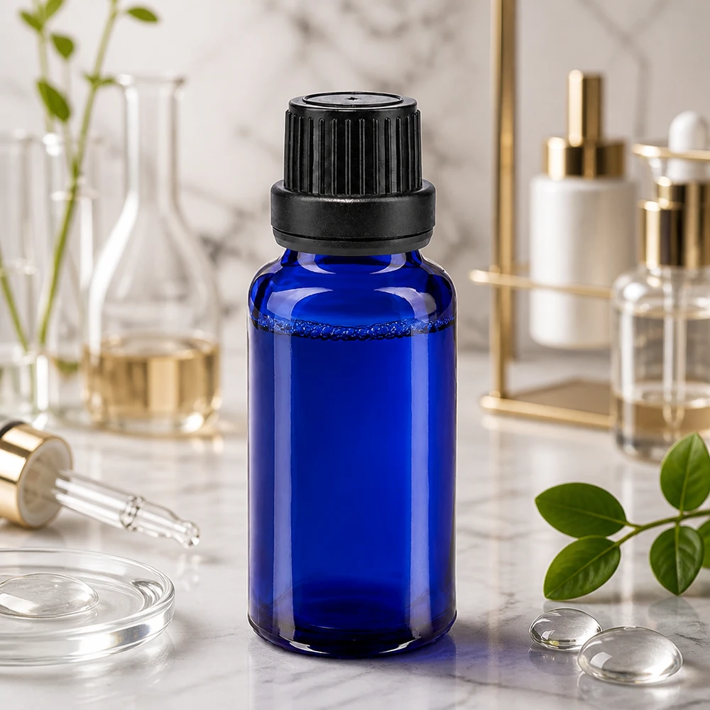 Apoteksflaska blå 20ml skruvlock svart tätningsinsats manipuleringssäker förslutning Blå glasflaska på 20 ml med svart originalförslutning på marmorunderlag i ett laboratorium