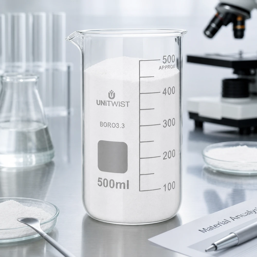 Bägare 500ml borosilikat, högformad UNiTWIST UNITWIST bägare, 500 ml, hög modell, fylld med vitt pulver på ett laboratoriebord i rostfritt stål