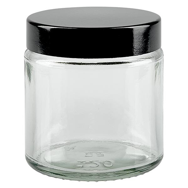 120ml glasburk. klar, med svart bakelitlock ApoGlas