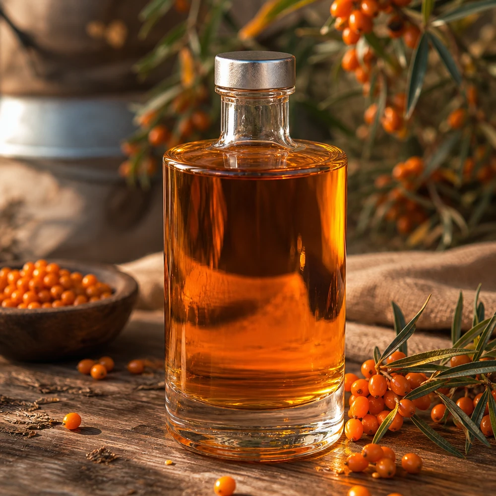 375 ml glasflaska Sam fylld med orangefärgad havtornsolja mellan havtornsbär och naturlig dekoration