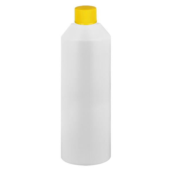 Apoteksflaska HDPE 250ml vit, med gult skruvlock Apoteksflaska HDPE 250ml vit, med gult skruvlock