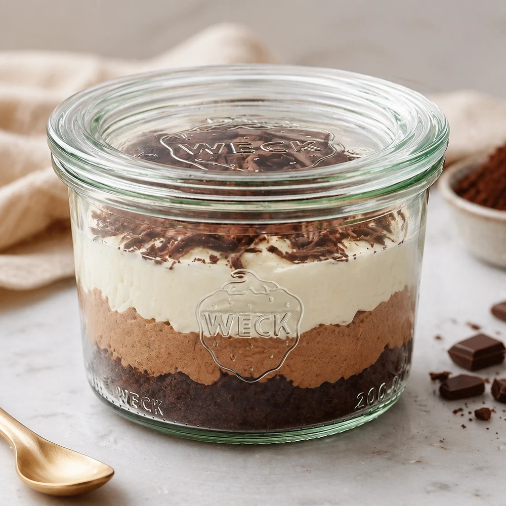 200ml Krossade glasögon med glaslock WECK RR80 WECK tumlare 200ml RR80 fyllda med dessert i lager visar mångsidig användning som dessertburk och serveringsskål