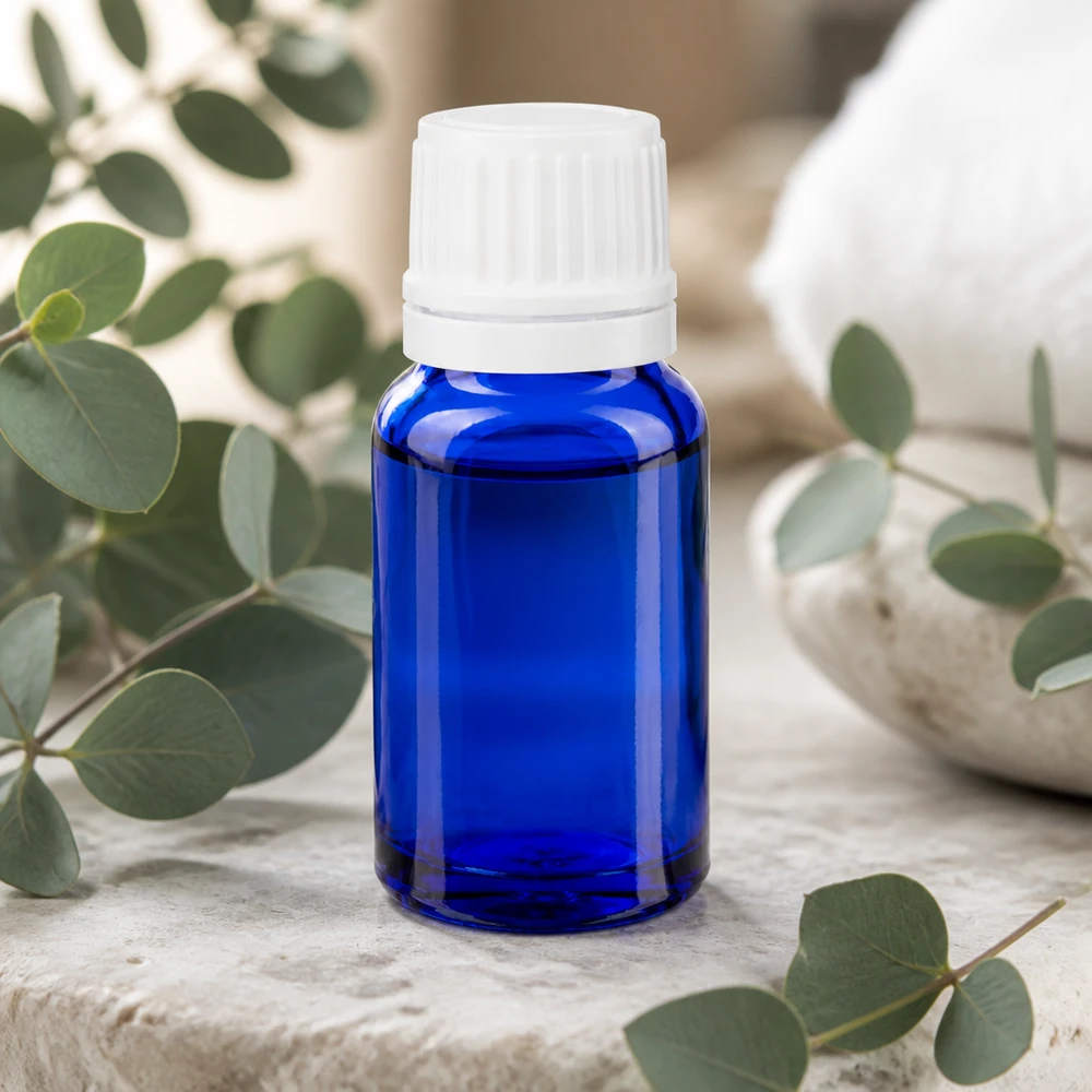 Blå 10 ml apoteksflaska med vit OV-förslutning (11 mm) för aromaterapi och naturkosmetik