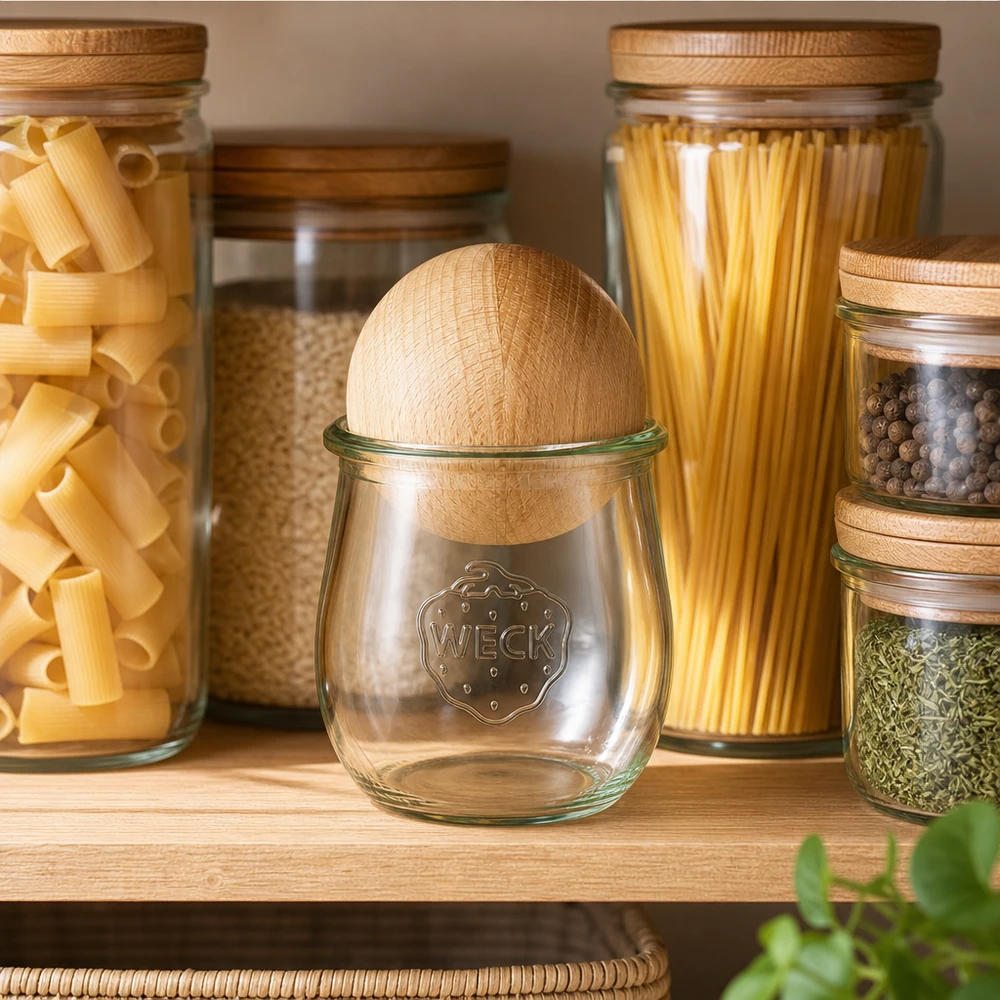WECK tulpanburk 220ml RR60 med kullock i bok i moderna förvaringskök bredvid pasta- och kryddburkar