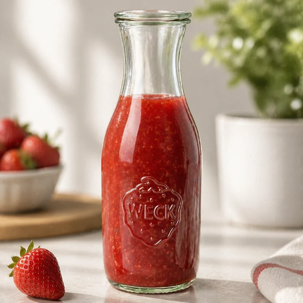 WECK juiceflaska 1062ml fylld med färsk jordgubbsjuice på köksbänken bredvid en jordgubbe och en växt